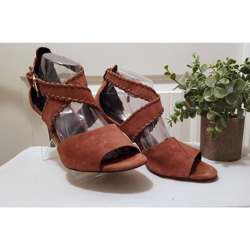 Coach Suede Strappy Sandals Women 9 Brown Braided Whipstitch Stiletto Heels